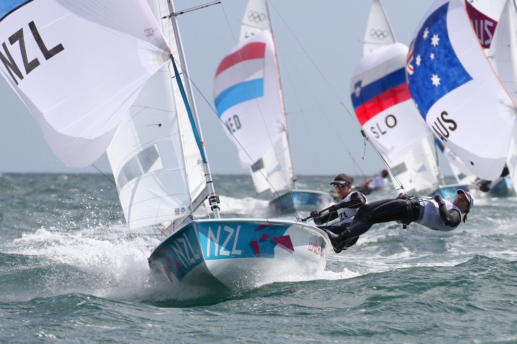 Jo Aleh and Polly Powrie head for the finish on Day 6 of the 2012 Olympic Regatta, sailing on Weymouth Bay - photo © Richard Gladwell <a target=